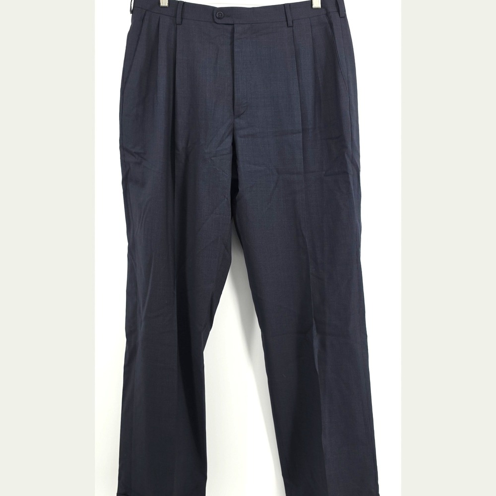Zanella Bennett Navy Micro Check Wool Dress Pants Mens 36 Italy